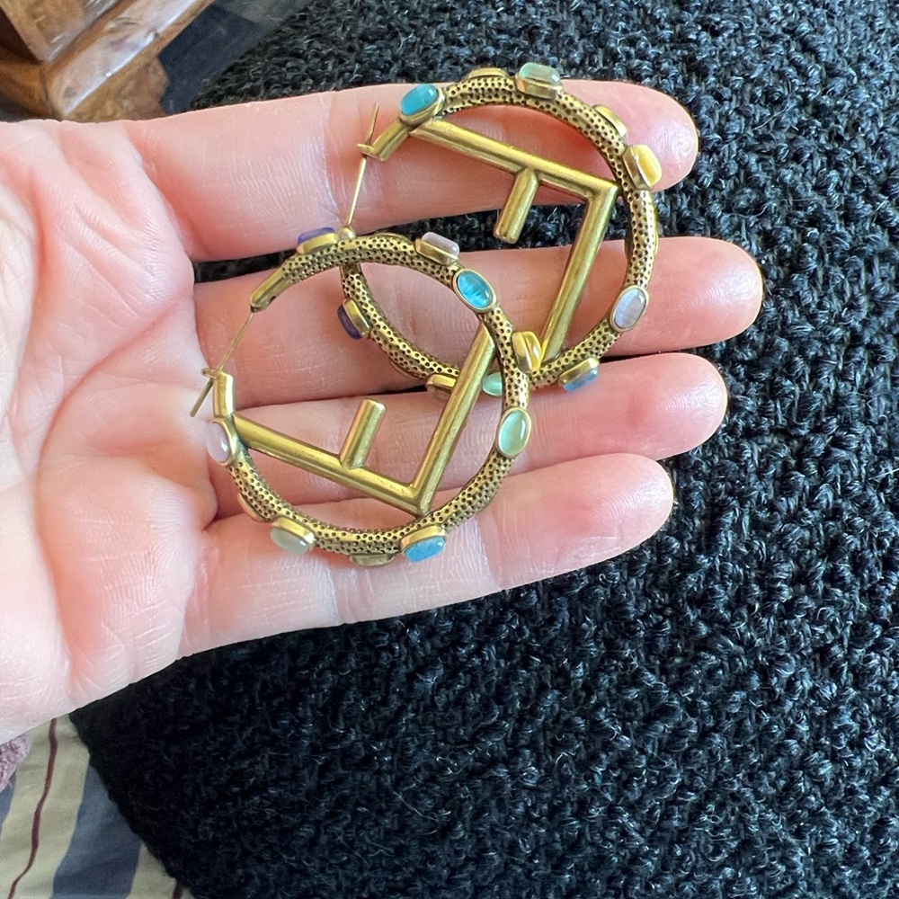 Fendi Gold Hoop Earrings with Turquoise Accents - Picture 5 of 12